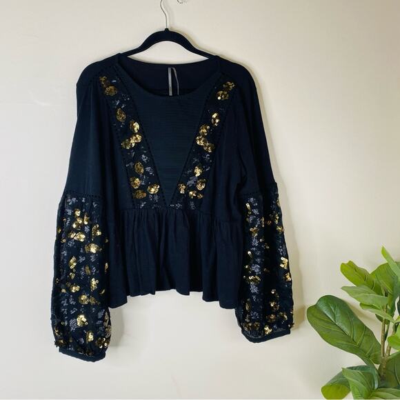 Anthropologie neale Sequin Peplum Top Extra Large puff sleeve ruffles black gold - Picture 3 of 7
